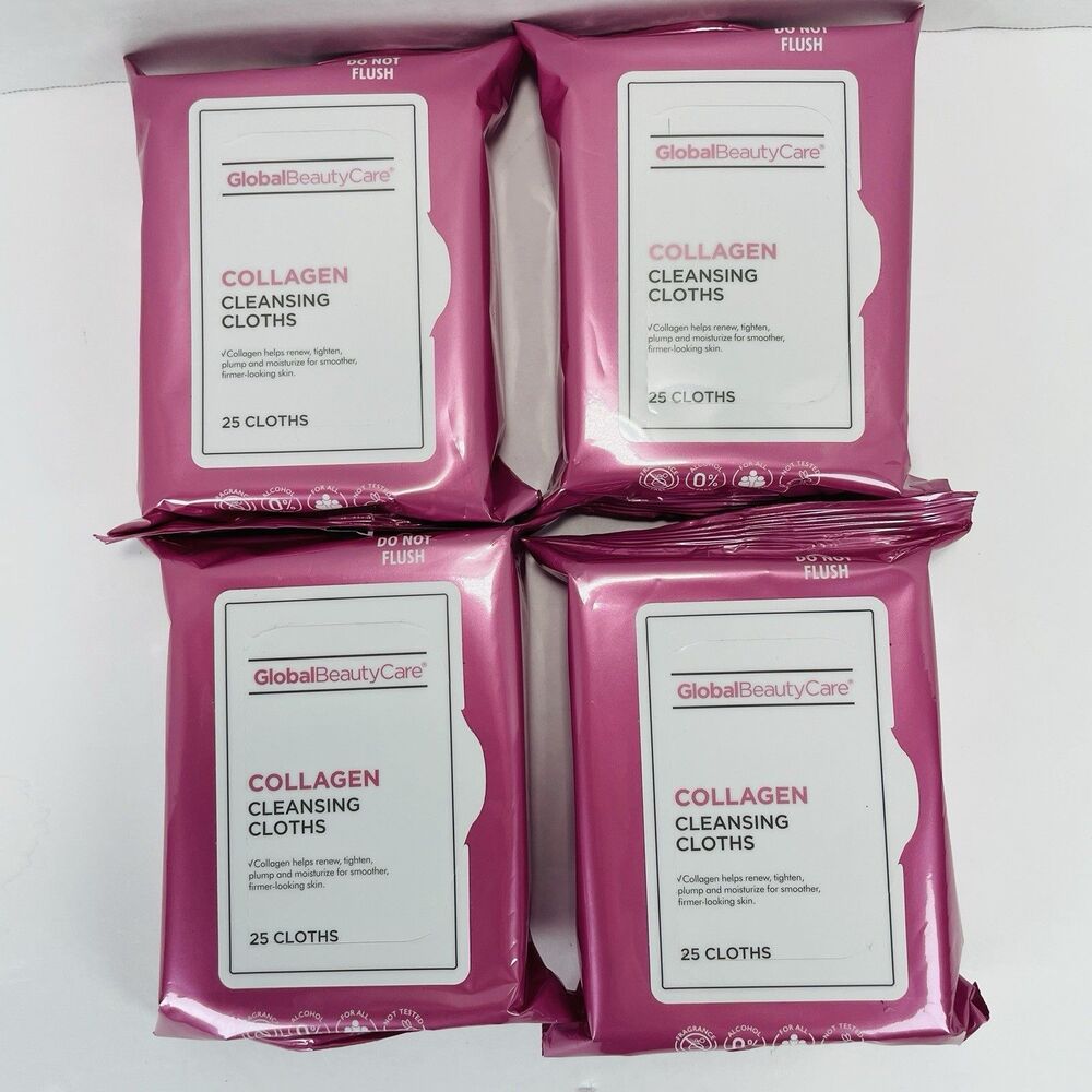 4 Pack - Global Beauty Care COLLAGEN CLEANSING CLOTHS Plump Renew - NEW